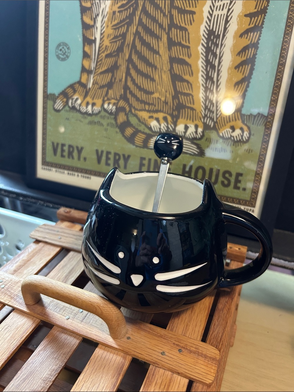 New w/o Tags, Unbranded Black and White Ceramic Cat Mug & Matching Cat Spoon